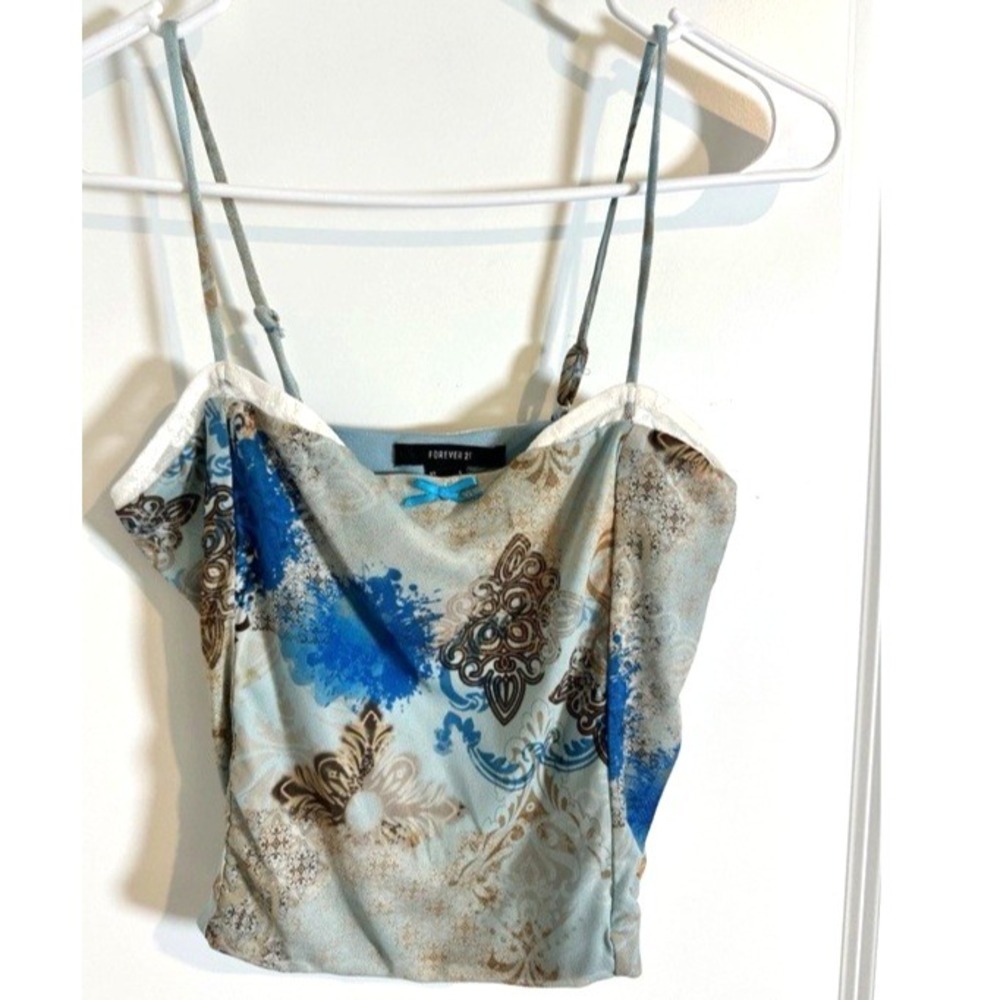 Vtg Forever 21 Y2K Fairycore Paisley Cami Top Blue Tan Lace Trim Small Earthy
